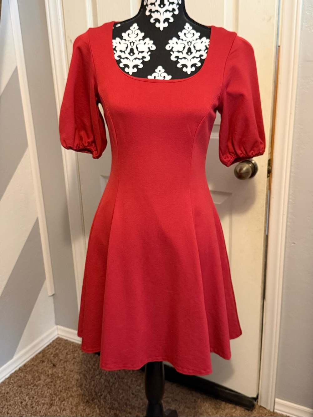 kate spade Red Scoop Neck Puff Sleeve Fit-and-Flare Dress